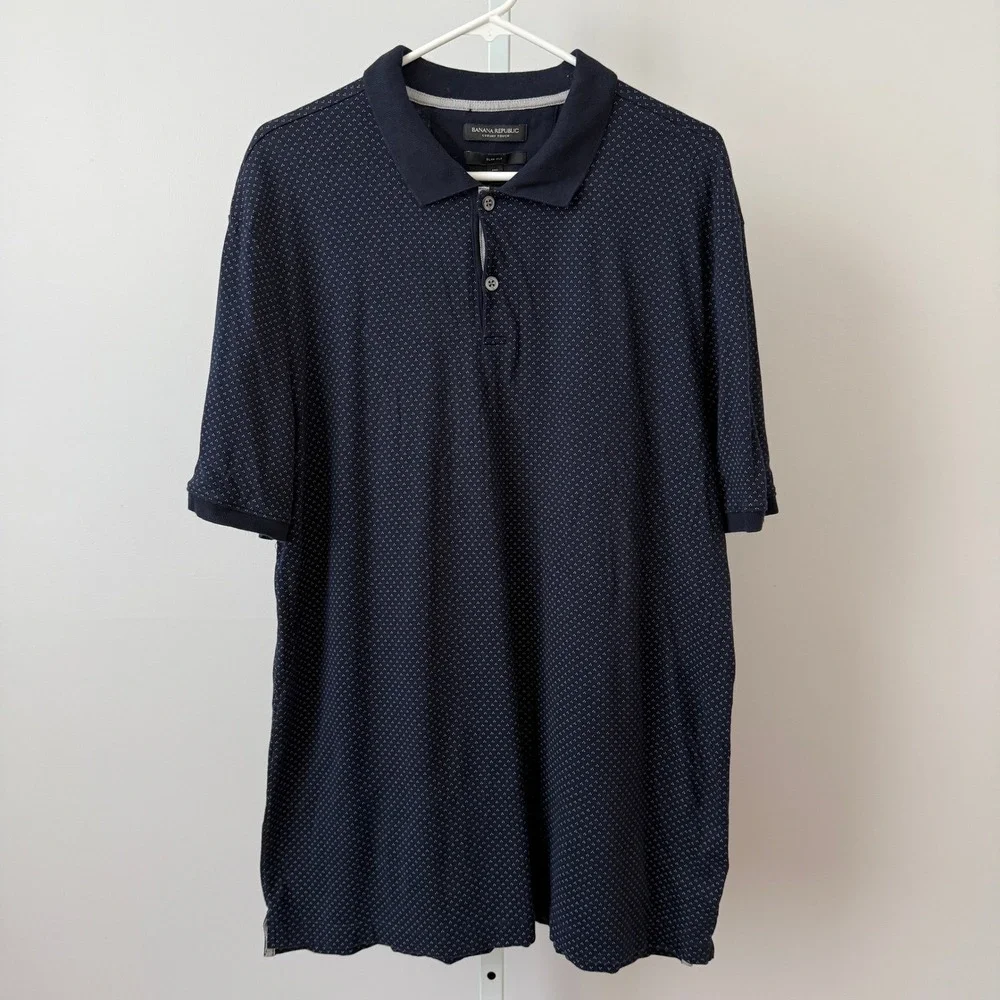 Banana Republic Luxury Touch Slim Fit Polo Shirt Mens‎ XL Tall Navy Blue Print